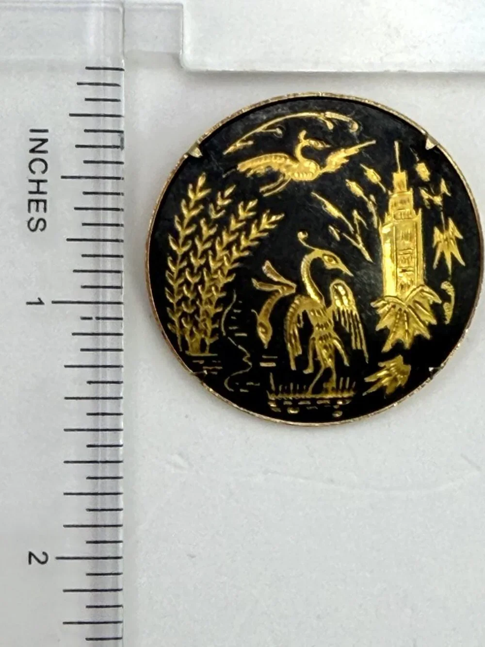 Vintage Damascene Brooch Black Crane Water Cattails Trombone Clasp
